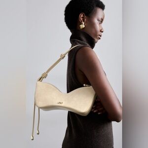 Cult Gaia Mercier Suede Shoulder Bag Beige Gold Hardware Sculptural Mini